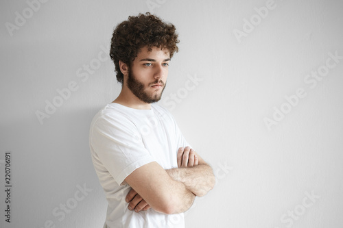 Body Language Portrait Of Creative Bearded Hipster Guy With