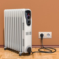 Poster - electric oil heater, oil-filled radiator in interior, 3d rendering