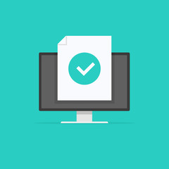 Poster - Computer with checkmark, monitor approved tick notification, idea of successful update check mark, accepted checkmark. Vector illustration.