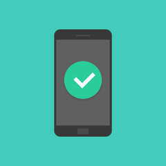 Poster - Smartphone with checkmark, mobile phone approved tick notification, idea of successful update check mark, accepted checkmark. Vector illustration.