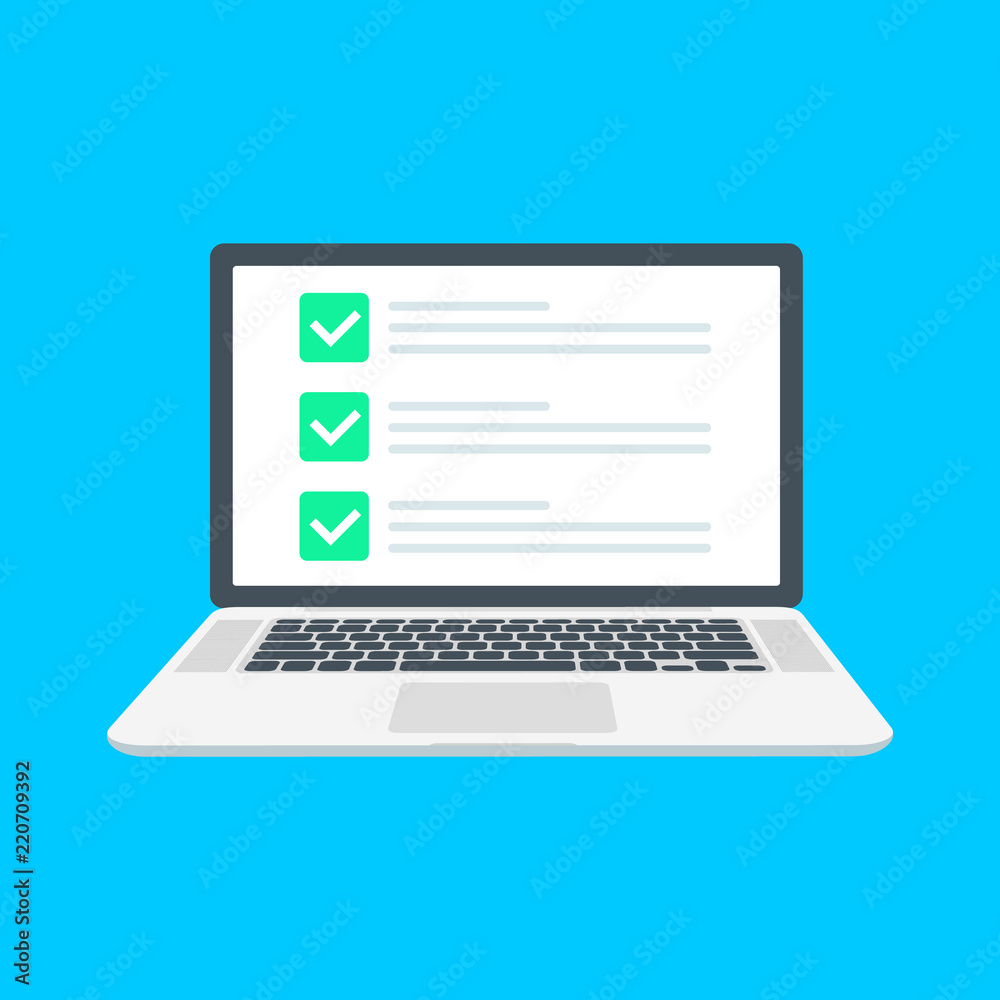 Checklist browser window. Check mark. White tick on laptop screen ...