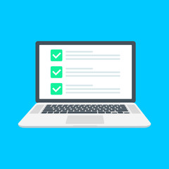 Checklist browser window. Check mark. White tick on laptop screen. Choice, survey concepts. Elements for web banners, websites, infographics. Flat design, vector illustration on background.