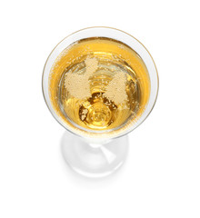 Glass of champagne on white background. Festive drink