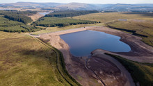 Aerial Drone View Of Low Water Levels In A Reservoir In Wales (Ebbw Vale)