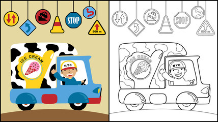 Sticker - Vector illustration of coloring book or page with ice cream truck cartoon