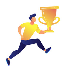 Sticker - Sportsman running and holding big gold trophy cup award vector illustration