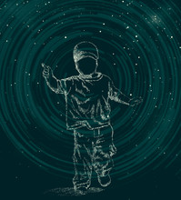 A Cute Little Boy Running In Deep Space. Hand Drawn Illustration