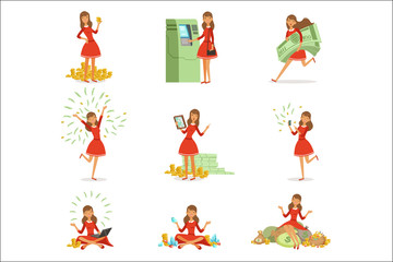 Sticker - Happy young millionaire woman in a red dress enjoying her money and wealth, set of colorful detailed vector Illustrations