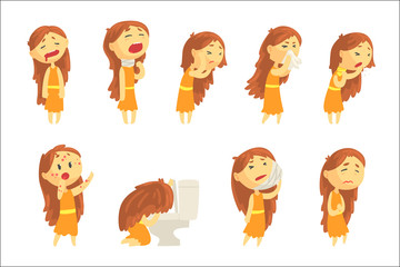 Sticker - Cartoon unhappy woman suffering from pain with symptoms of diseases in various pose, set of colorful detailed vector Illustrations