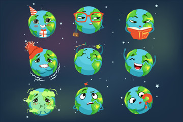 Sticker - Cute funny world Earth emoji showing different emotions set of colorful characters vector Illustrations