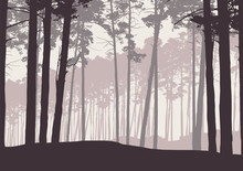 Vector Illustration Of A Winter Coniferous Forest With Pine Trees In Retro Color, Under A Gray Sky With Space For Text
