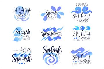 Sticker - Splash wave logo template set, hand drawn vector Illustrations in blue colors