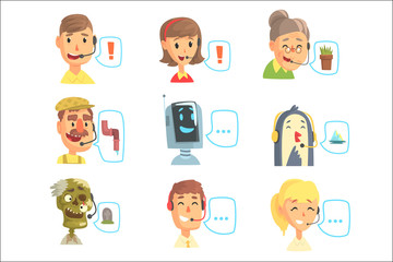 Sticker - Set of funny call centre operators with headset, customer support service colorful vector illustrations