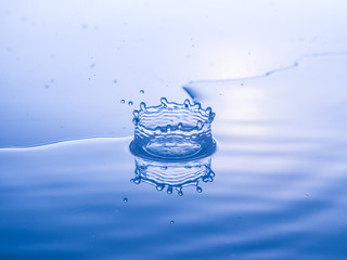 close up drop of water on blue background