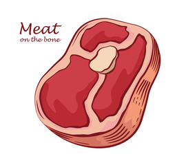 Wall Mural - Meat chunk on the bone. Steak isolated on white background. Slice of pork. Colored image with contour. Vector illustration. Icon, emblem, logo element.