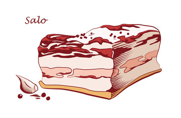 Wall Mural - Piece of salo isolated on white background. Slanina, solonyna, lardo. Salted or cured pork fat. Colored image with contour. Vector illustration. Icon, emblem, logo element.