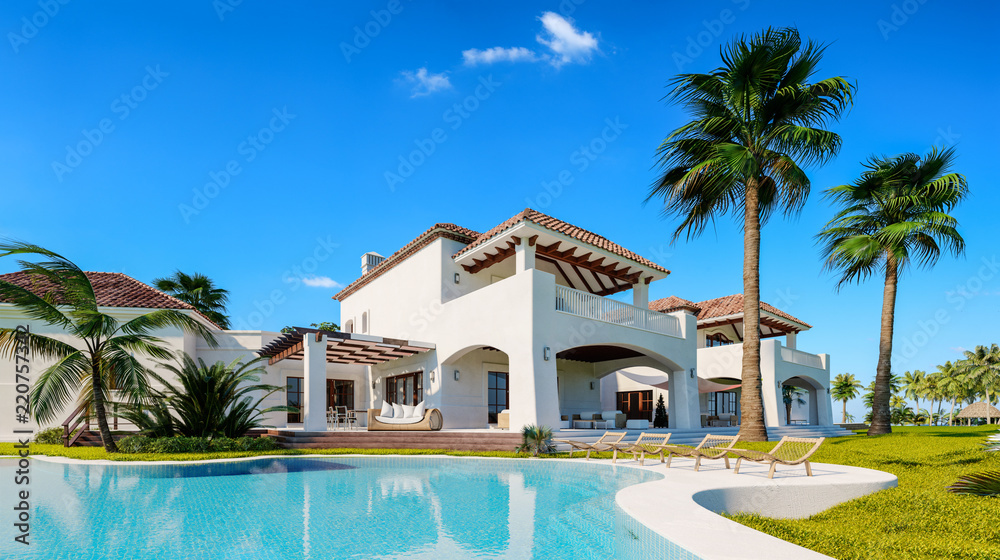 Private villa. Expensive mansion in oriental style. Summer time. Pool near the house. - obrazy, fototapety, plakaty 
