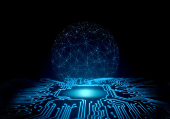  - abstract technology background. perspective circuit board with glowing energy at center and wire fra