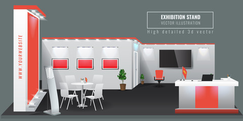 Grand Exhibition stand display mock up. High detailed 3d Vector illustration.