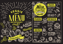 Vegetarian Menu For Restaurant. Vector Food Flyer For Bar And Cafe. Design Template With Food Hand-drawn Graphic Illustrations On Blackboard Background.