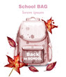 School bag watercolor Vector. Pink satchel and autumn leaves decors