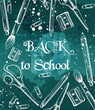 Back to school background with brushes, crayons and scissors drawn on a chalkboard Vector
