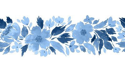 Wall Mural - Seamless watercolor floral border pattern in blue