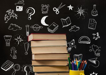 Poster - Education drawing on blackboard for school with books