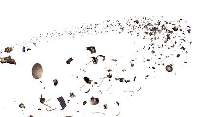 Wall Mural - space debris in earth orbit, dangerous junk isolated on white background (3d rendering)