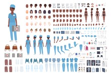 African American Female Paramedic Or Nurse Constructor. Set Of Woman's Body Details, Gestures, Scrubs Isolated On White Background. Front, Side And Back Views. Flat Cartoon Vector Illustration.