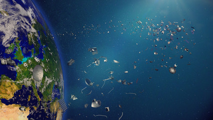 Wall Mural - space debris in earth orbit, dangerous junk orbiting around the blue planet