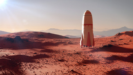 Wall Mural - landscape on planet mars, spaceship landing on the red planet's surface