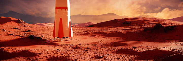 Wall Mural - landscape on planet mars, spaceship landing on the red planet's surface (3d space illustration banne