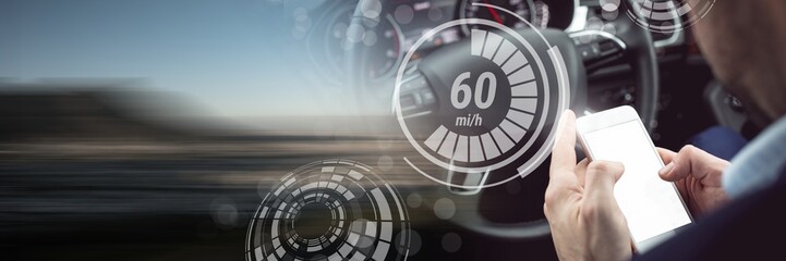 Poster - Man driving in car with heads up display interface and phone and