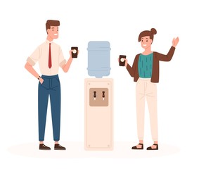 Poster - Pair of man and woman standing beside office cooler, drinking water and talking to each other or chatting. Friendly meeting during coffee break. Colorful vector illustration in flat cartoon style.