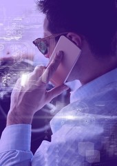 Poster - Man driving in car with heads up display interface  and phone