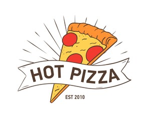 stylish logotype with pizza slice and ribbon isolated on white background. colorful vector illustrat