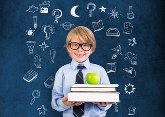 Leinwandbilder - School boy holding books and Education drawing on blackboard for