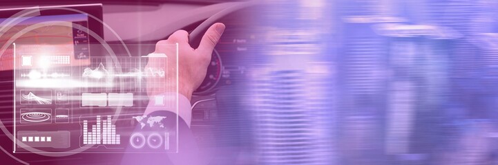 Poster - Man driving in car with heads up display interface and city