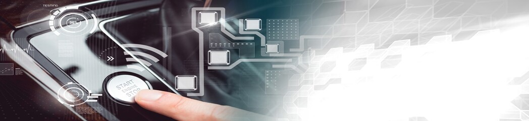 Poster - Touching start engine button in vehicle with heads up display