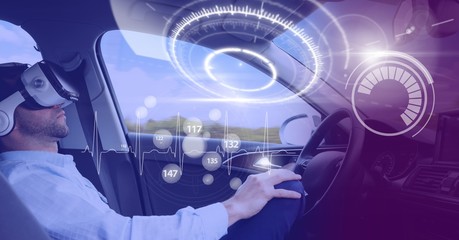 Poster - Man driving in car with heads up display interface and virtual