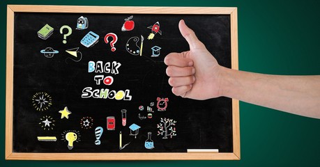 Poster - Hand with thumbs up and Back to school Education drawing on