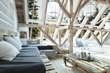 Fototapeta Most - Rustic open floor interior room concept design with winter scenic background. 3d rendering