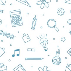 Aufkleber - Modern seamless pattern with supplies for school, college or university education and scientific research drawn with contour lines on white background. Monochrome vector illustration in linear style.