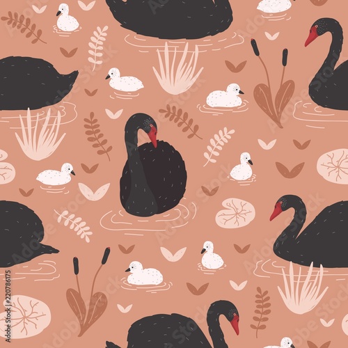 Cotton fabric Seamless pattern with black swans and brood of cygnets floating in pond or lake among water lilies and reeds. Backdrop with flock of waterfowl. Flat colorful cartoon vector illustration for wallpaper.