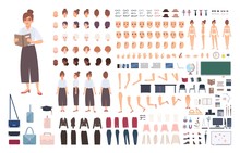 Female School Teacher Creation Kit Or DIY Set. Bundle Of Woman's Body Elements, Postures, Gestures, Clothes Isolated On White Background. Front, Side And Back Views. Flat Cartoon Vector Illustration.