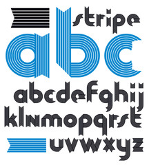 Poster - Vector lowercase funky ornate alphabet letters set. Trendy bold font, typescript for use in logo creation. Made with stripy decoration.
