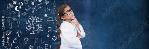 Fotomural School girl scientist and Education drawing on blackboard for