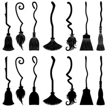 Set Of Different Witch Brooms Isolated On White