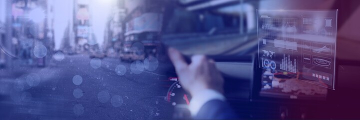 Poster - Man driving in car with heads up display interface and city